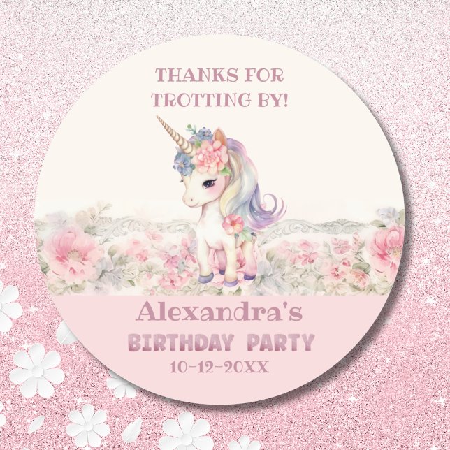 Cute Pink Unicorn Girl Birthday Thank You Classic Round Sticker (Creator Uploaded)