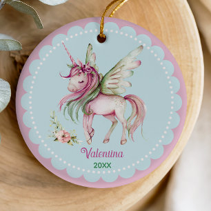 Cute pink unicorn girl holiday keepsake ceramic ornament