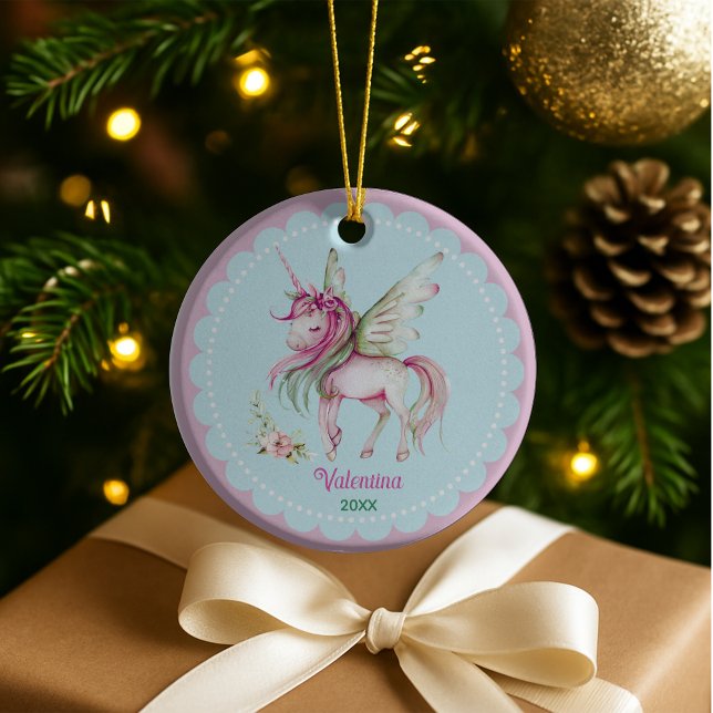 Cute pink unicorn girl holiday keepsake ceramic ornament (Creator Uploaded)
