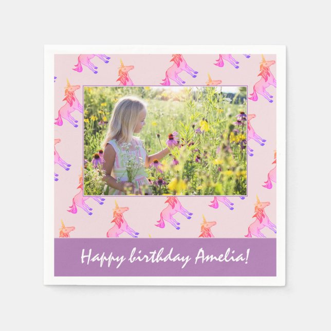 Cute Pink Unicorn Girl Photo Birthday Party Napkin (Front)