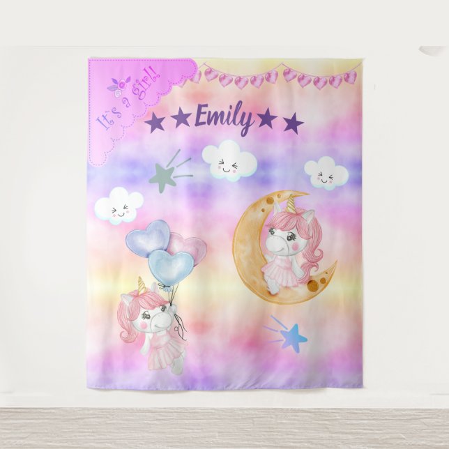 Cute Pink Unicorn Girl Sitting On The Moon Baby Tapestry (Front)