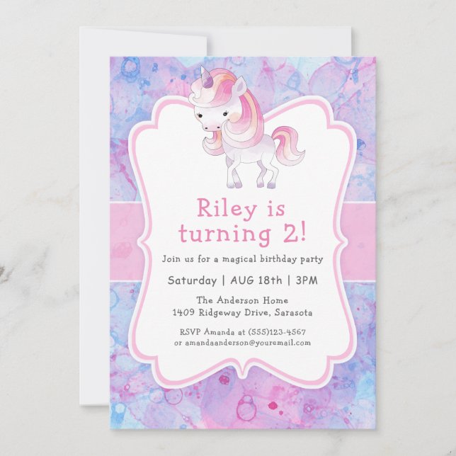 Cute Pink Unicorn Girl's Birthday Party Invitation (Front)