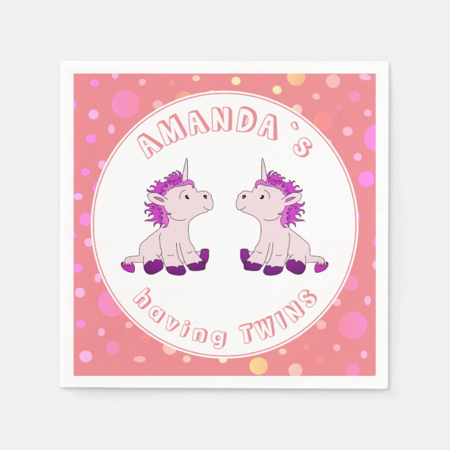 Cute Pink Unicorn Girls Twins Baby Shower Party Napkin (Front)