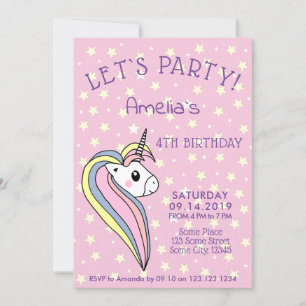 Cute Pink Unicorn Girly Kids Birthday Invitation