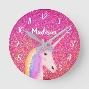Cute Pink Unicorn Glitter Personalised Kids Round Clock
