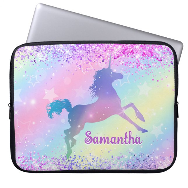 Cute pink unicorn Glitter rainbow art monogram Laptop Sleeve (Front)