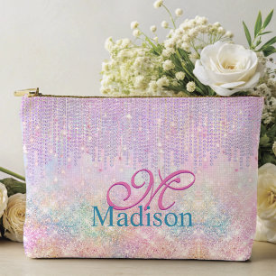 Cute Pink Unicorn Glitter rhinestone Drip monogram Accessory Pouch
