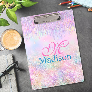 Cute Pink Unicorn Glitter rhinestone Drip monogram Clipboard