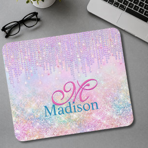 Cute Pink Unicorn Glitter rhinestone Drip monogram Mouse Pad