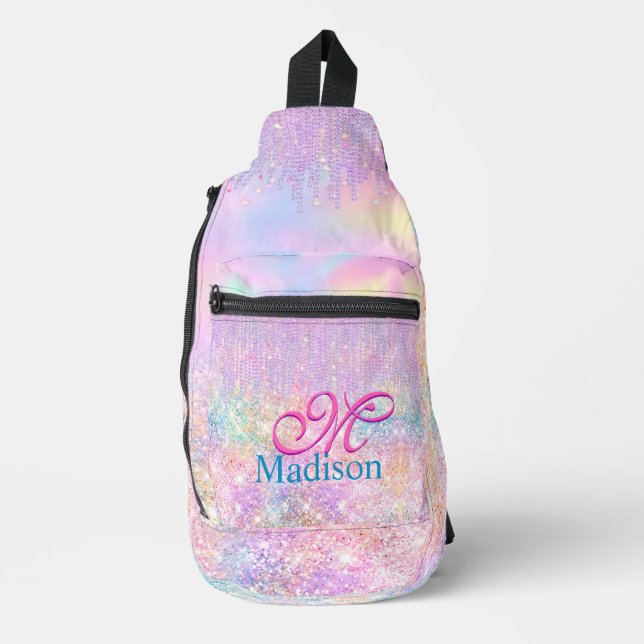 Cute Pink Unicorn Glitter rhinestone Drip monogram Sling Bag (Front)