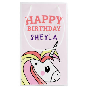Cute Pink Unicorn Happy Birthday Kids Name Small G Gift Bag