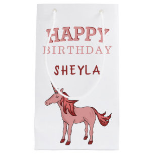 Cute Pink Unicorn Happy Birthday Kids Name Small Gift Bag