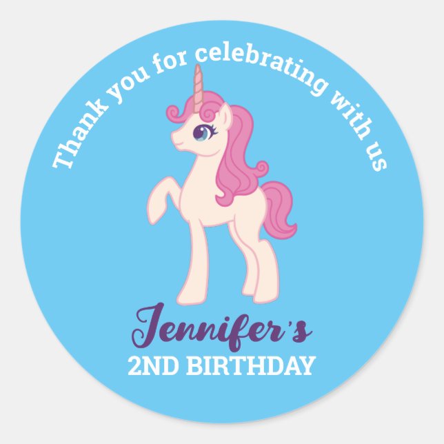 Cute Pink Unicorn Kids Birthday Party Favour Classic Round Sticker (Front)