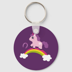 Cute Pink Unicorn on a Rainbow Key Ring