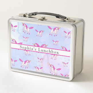 Cute pink unicorn pattern personalised name metal lunch box