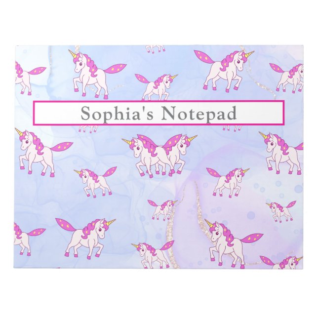 Cute pink unicorn pattern personalised name notepad (Front)