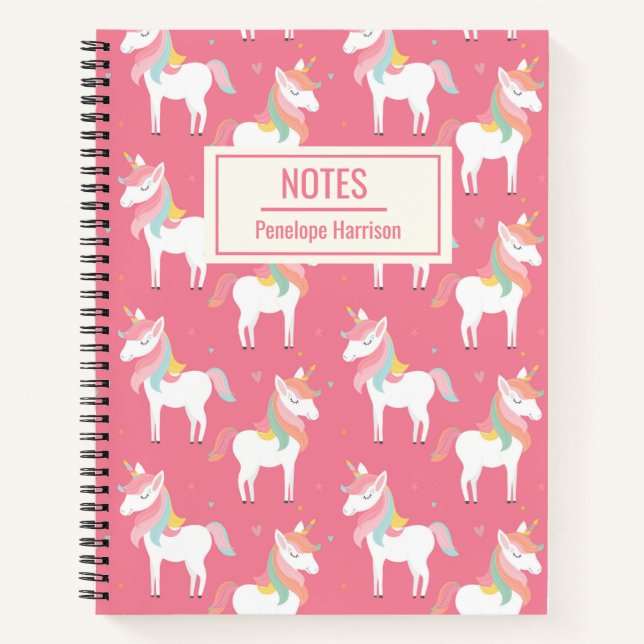 Cute Pink Unicorn Pattern Personalised Notes Notebook (Front)
