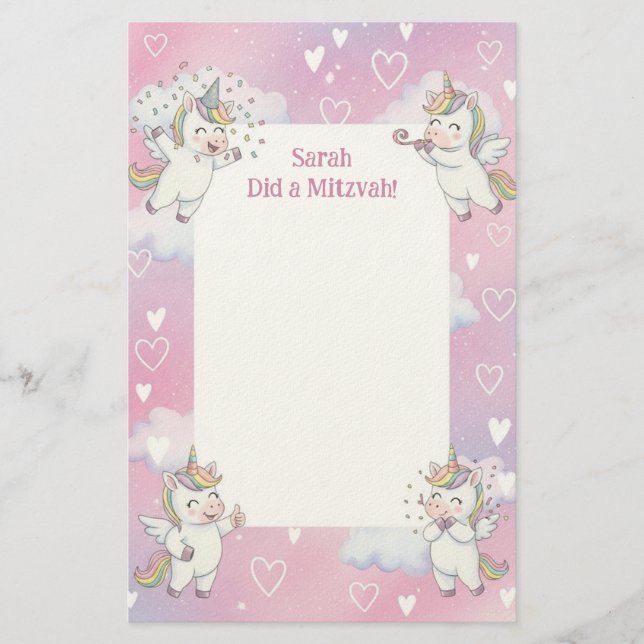 Cute Pink Unicorn Personalised Mitzvah Note Stationery (Front)