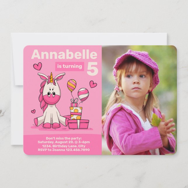 Cute Pink Unicorn Photo Birthday Party Invitation (Front)