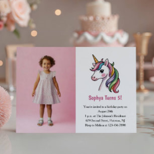 Cute Pink Unicorn Photo Kids Birthday Party Invitation