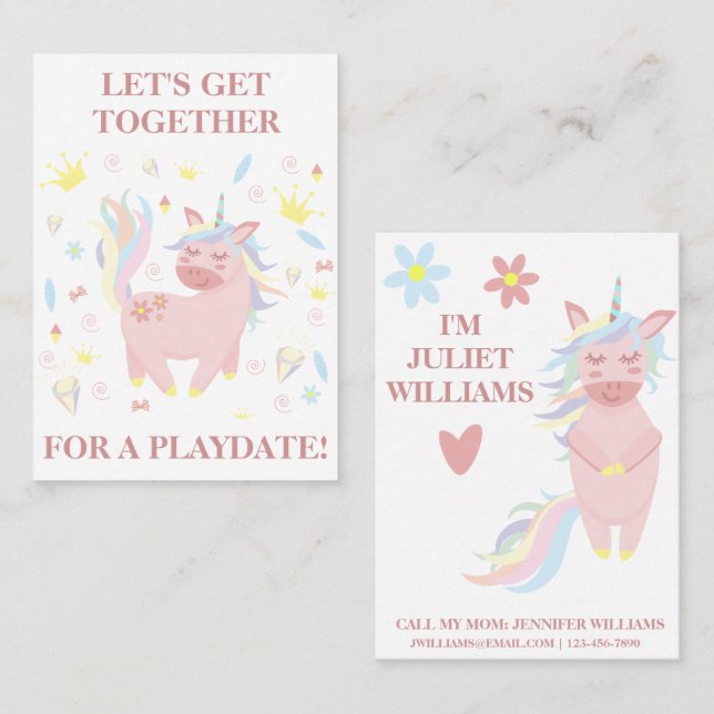 Cute Pink Unicorn Playdate Mummy Calling Card (Front/Back)