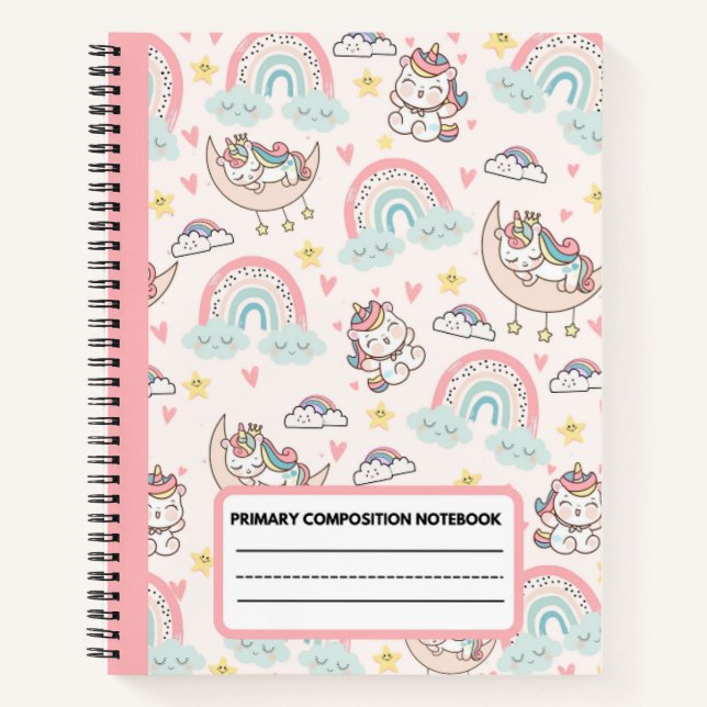 Cute Pink Unicorn Primary Composition Notebook (Front)