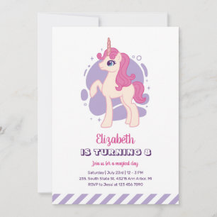 Cute Pink Unicorn Purple Girl Birthday Invitation