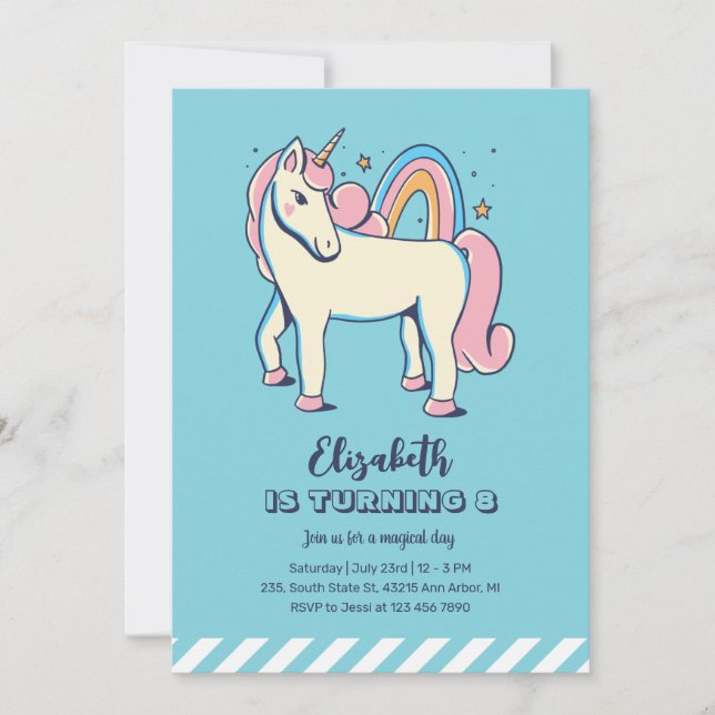 Cute Pink Unicorn Rainbow Blue Girl Birthday Invitation (Front)
