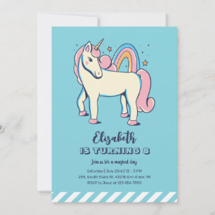 Cute Pink Unicorn Rainbow Blue Girl Birthday Invitation