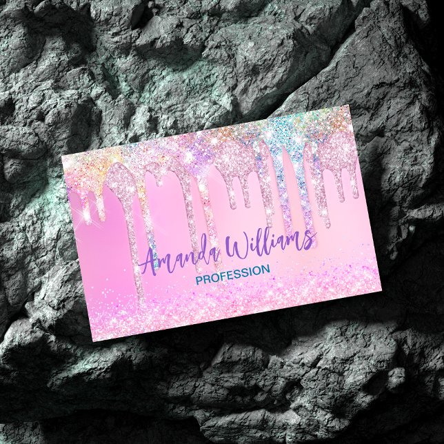 Cute Pink Unicorn Rainbow Glitter Drips Magnetic Business Card (Creator Uploaded)