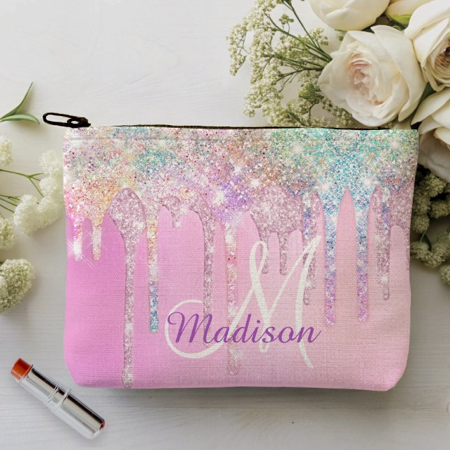 Cute Pink Unicorn Rainbow Glitter Drips monogram Accessory Pouch (Creator Uploaded)