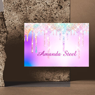 Cute Pink Unicorn Rainbow Glitter Drips monogram B Magnetic Business Card