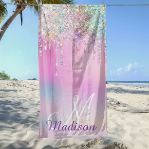 Cute Pink Unicorn Rainbow Glitter Drips monogram Beach Towel