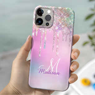 Cute Pink Unicorn Rainbow Glitter Drips monogram iPhone 13 Case