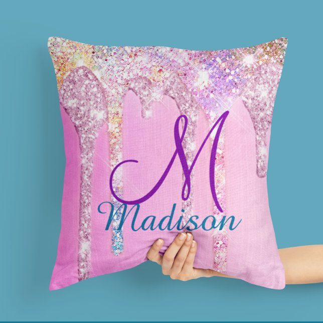 Cute Pink Unicorn Rainbow Glitter Drips monogram Cushion (Creator Uploaded)