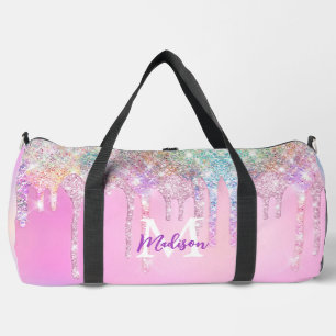 Cute Pink Unicorn Rainbow Glitter Drips monogram Duffle Bag