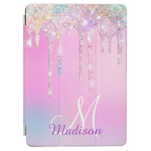 Cute Pink Unicorn Rainbow Glitter Drips monogram iPad Air Cover