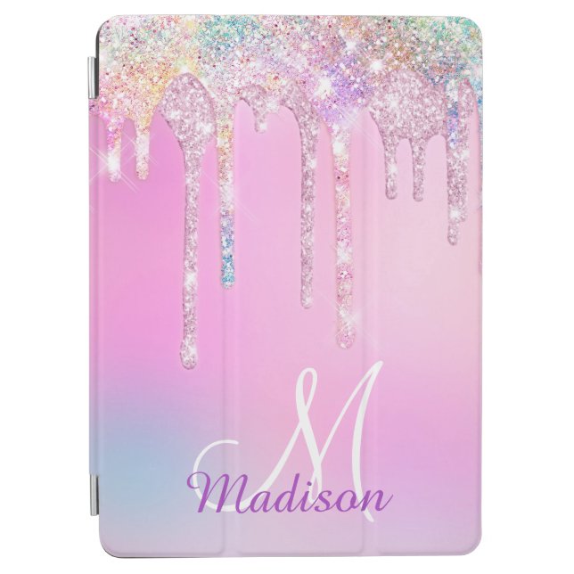 Cute Pink Unicorn Rainbow Glitter Drips monogram iPad Air Cover (Front)