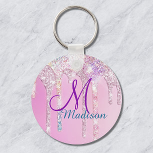 Cute Pink Unicorn Rainbow Glitter Drips monogram Key Ring