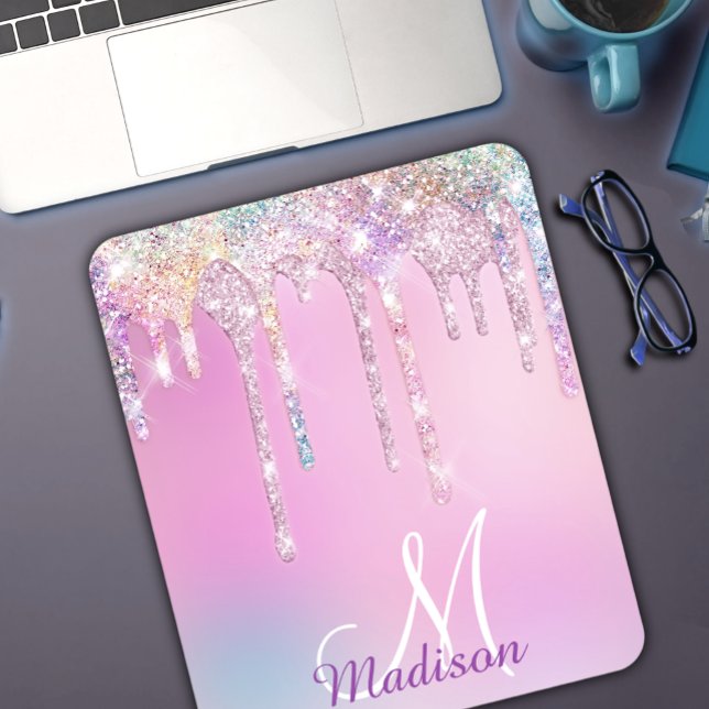 Cute Pink Unicorn Rainbow Glitter Drips monogram Mouse Pad (Creator Uploaded)