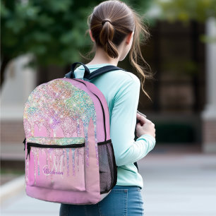 Cute Pink Unicorn Rainbow Glitter Drips monogram Printed Backpack