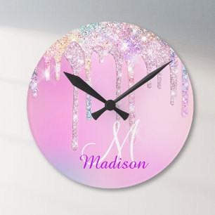 Cute Pink Unicorn Rainbow Glitter Drips monogram Round Clock