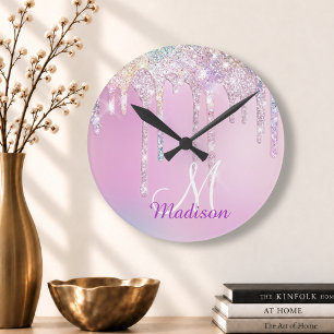 Cute Pink Unicorn Rainbow Glitter Drips monogram Round Clock