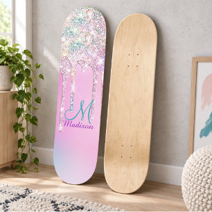 Cute Pink Unicorn Rainbow Glitter Drips Skateboard