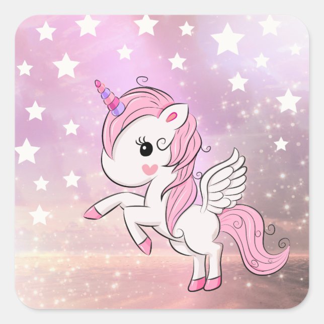 Cute Pink Unicorn Stardust Birthday Baby Shower Square Sticker (Front)