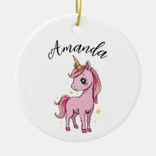 Cute Pink Unicorn Stars Girl Name Ceramic Ornament
