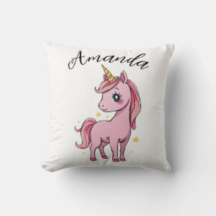 Cute Pink Unicorn Stars Girl Name Cushion