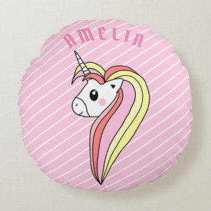 Cute Pink Unicorn Stripe Pattern Girly Kids Name Round Cushion