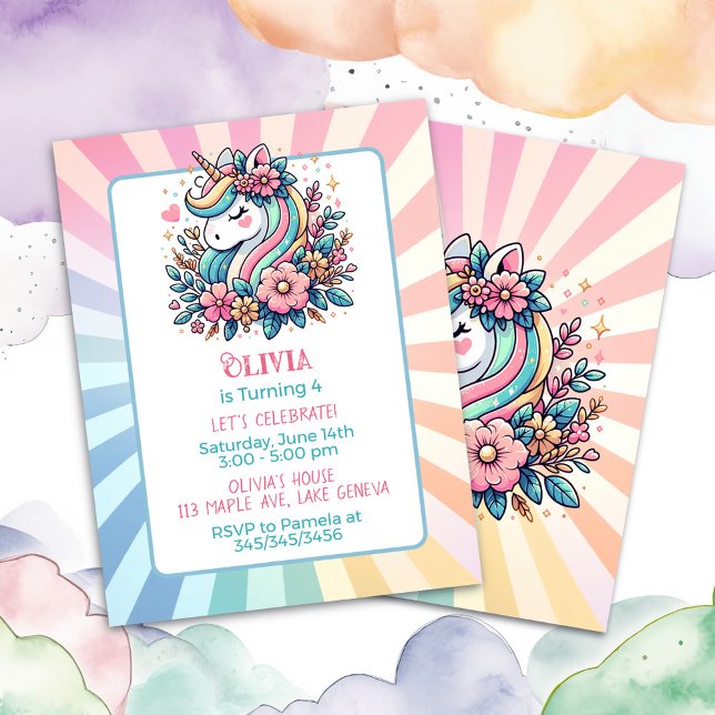 Cute Pink Unicorn themed Girl's Birthday Invite Postcard (Creator Uploaded)