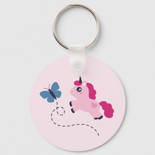 Cute Pink Unicorn with a Butterfly Key Ring (Front)